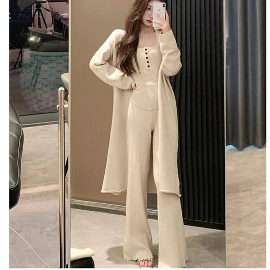 Autumn Winter New Knitted 3-piece Set Halter Vest Long Cardigan Long Pants Korean Female Outfits