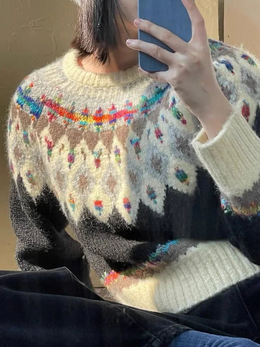 Argyle Knit ‘s Sweaters Harajuku Rainbow Color Long Sleeve Pullovers Japan Style Cutecore Winter Clothes