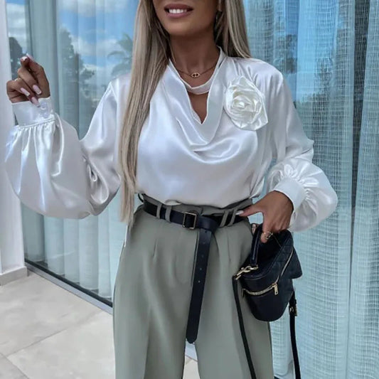 Commuter Lady Vneck Draped Blouses Spring Flower Design Satin Top Pullover Autumn Long Sleeve Button Shirts Mujer