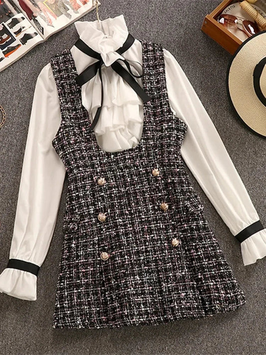 Autumn Winter 2 Piece Set Overalls Dress Ruffles Chiffon Bow Shirt Top+double Breasted Plaid Tweed Vest Dress