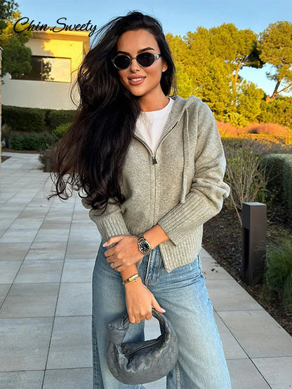 Hooded Cardigans Gray Long Sleeve Soft Zipper Ribbed Sweater Female Spring Simple Slim-fit Top New