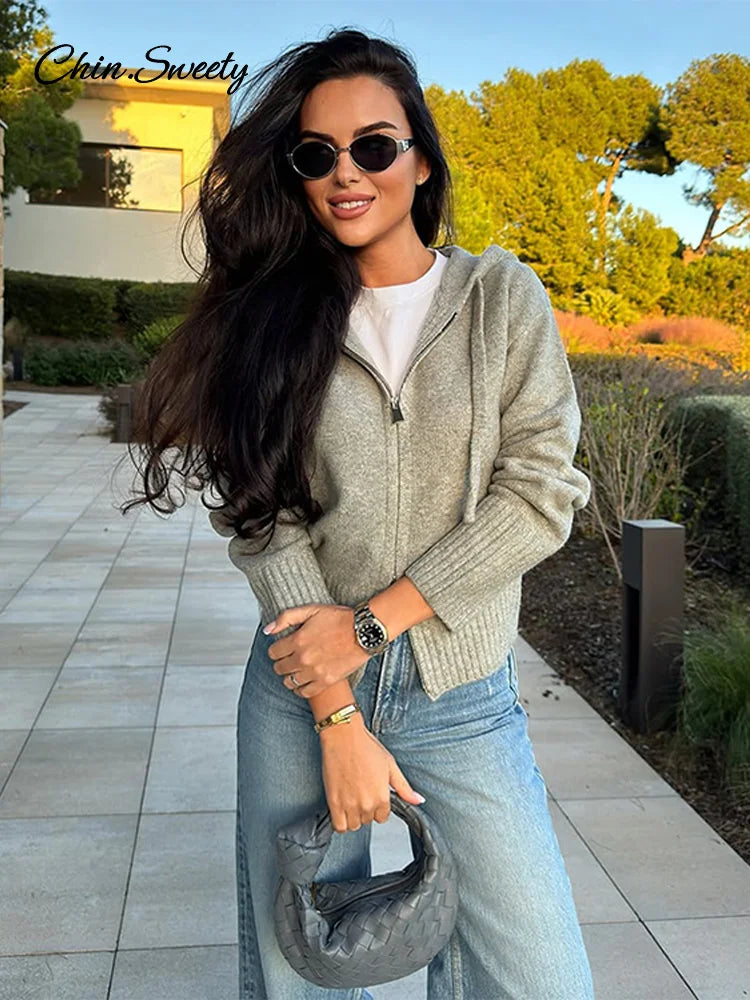 Hooded Cardigans Gray Long Sleeve Soft Zipper Ribbed Sweater Female Spring Simple Slim-fit Top New