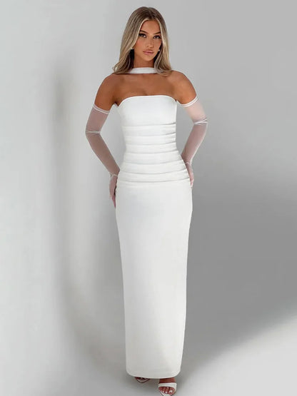 Strapless Backless Maxi Dress for Burgundy Mesh Sleeve Off-shoulder Bodycon Club Party Evening Long Dress
