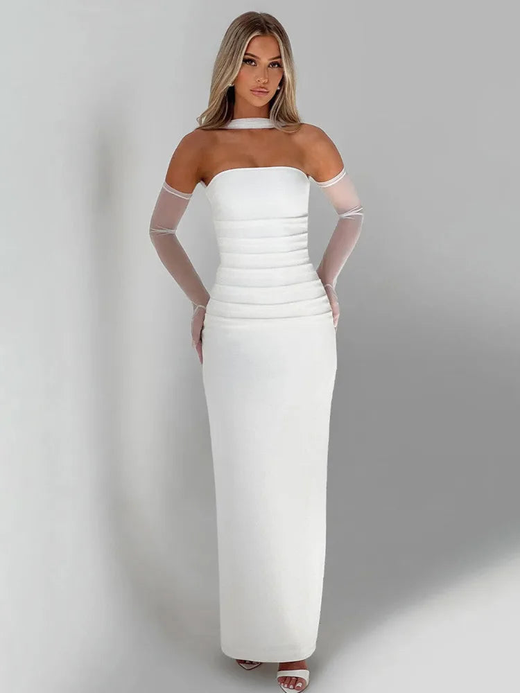 Strapless Backless Maxi Dress for Burgundy Mesh Sleeve Off-shoulder Bodycon Club Party Evening Long Dress