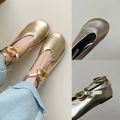 Sandals Mary Jane Flats Dupe Silver Black Gold Big Size Ankle Strap Round Toe Ballerinas Shoes