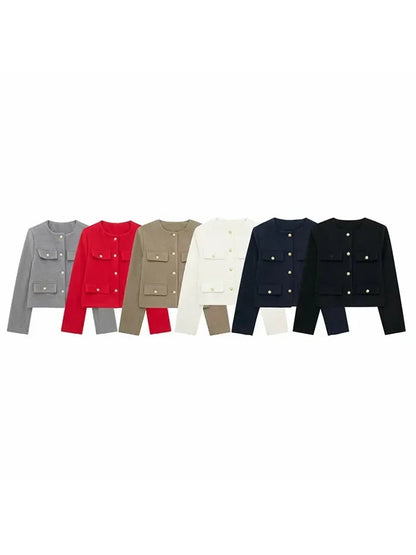 Button Fake Pocket Jacket O-neck Long Sleeve Single Breasted Cropped Coats New Lady Outerwear