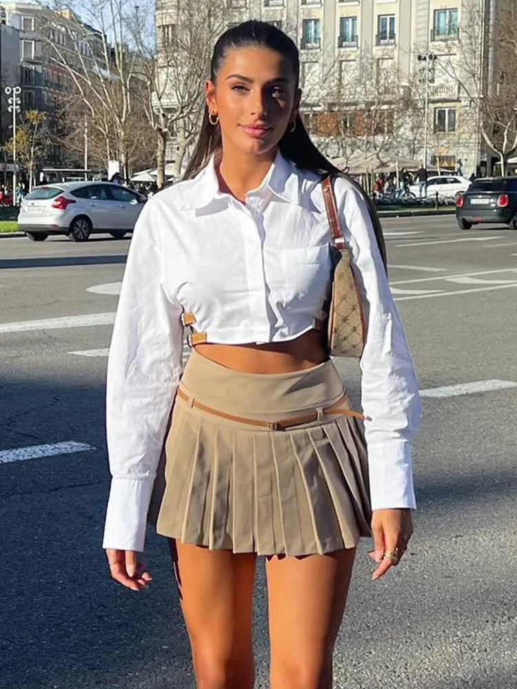 Skirts High Waist Pleated Skirt With Belt Female Aline Skirts With Lining Shorts