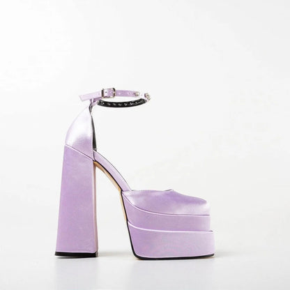 Ivory Satin Evening Party Platform Sandals High Heels 15 Cm Thick Heels Wedding Shoes