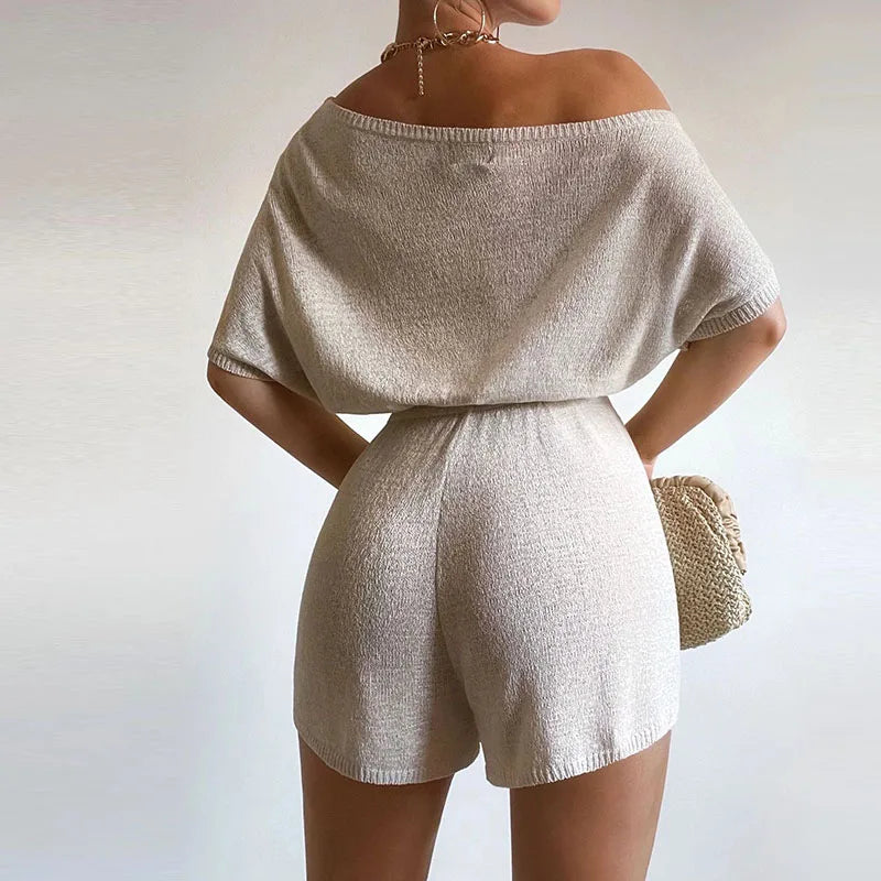New Spring Tieup Shorts Jumpsuit Off Shoulder Slim Knitted Romper Playsuit Summer Short Sleeve Hollow Overalls
