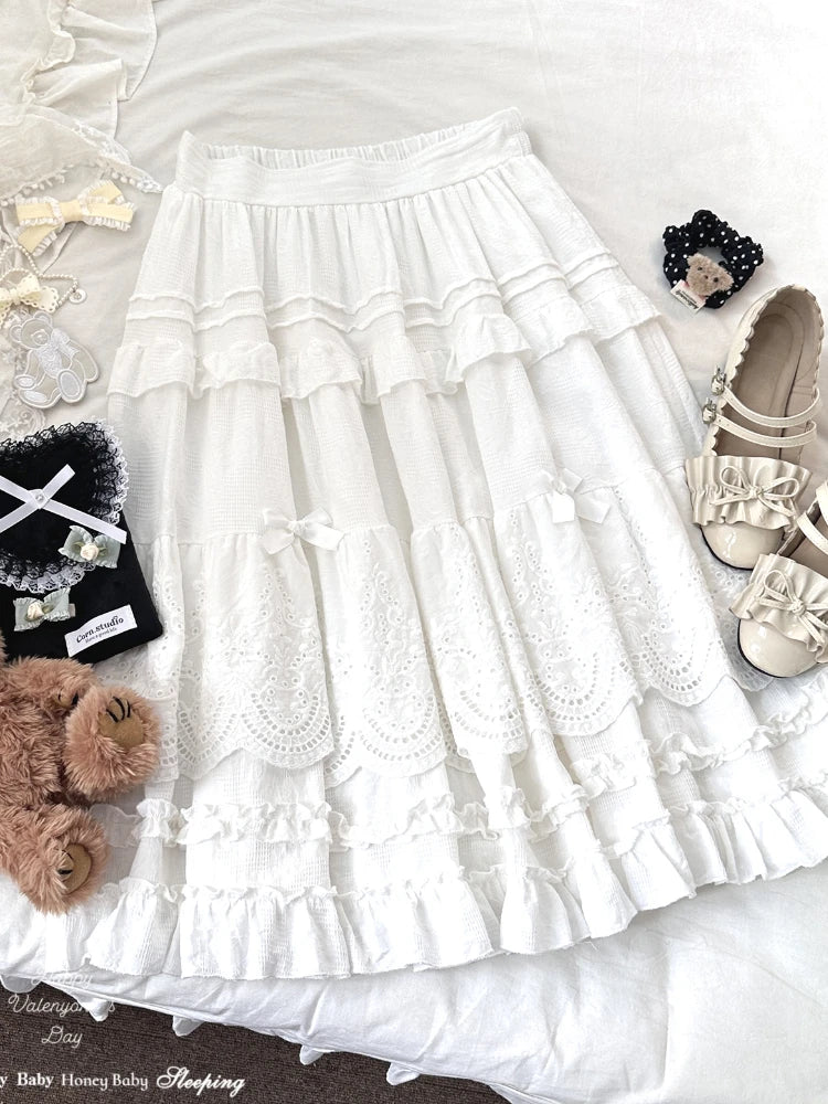 Embroidered Lace Ball Gown Skirts Bow Selvedge Lotus Leaf Skirt Clothing Sweet Age Reduction Kawaii Skirt