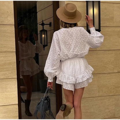 Long Sleeved Shirt Shorts Sets Summer Stand Collar Single Breasted White Blouse Suits Vacation 2 Pieces Set Outfit