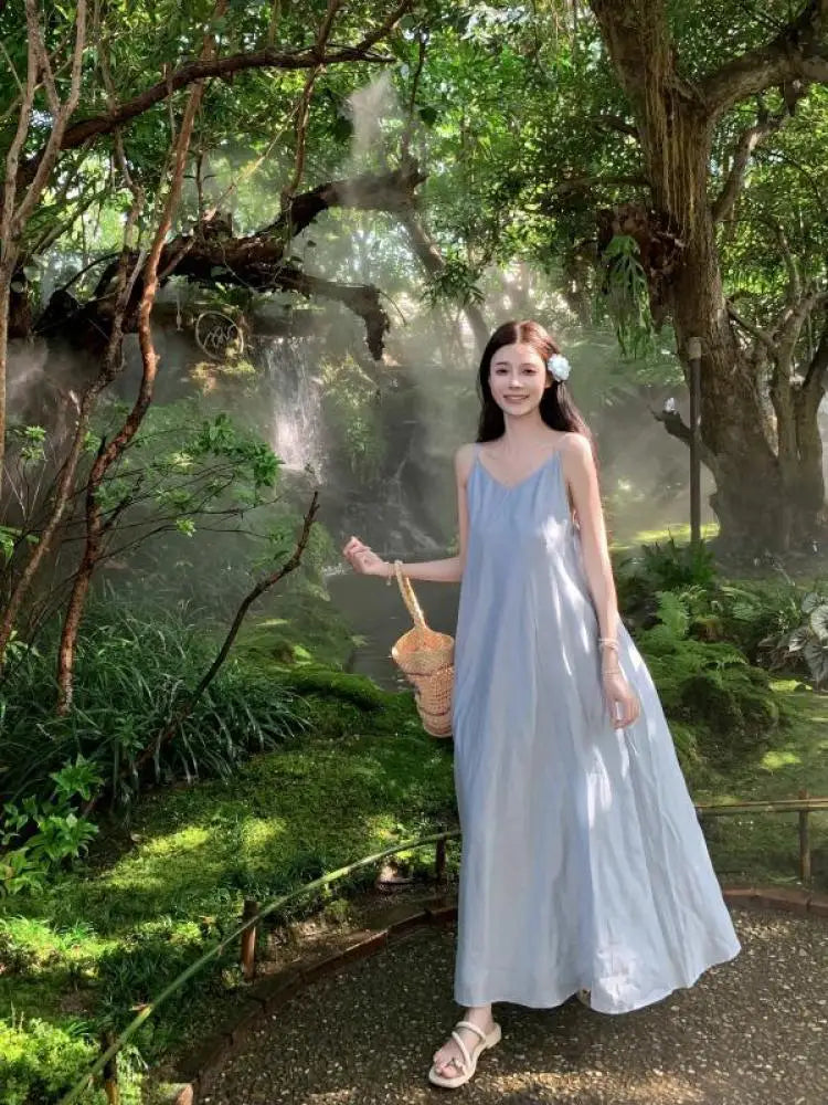 Korean Summer New Blue Club Festival Backless V Neck Long Dress Sleeveless Holiday Loose Pleated Dress Simple