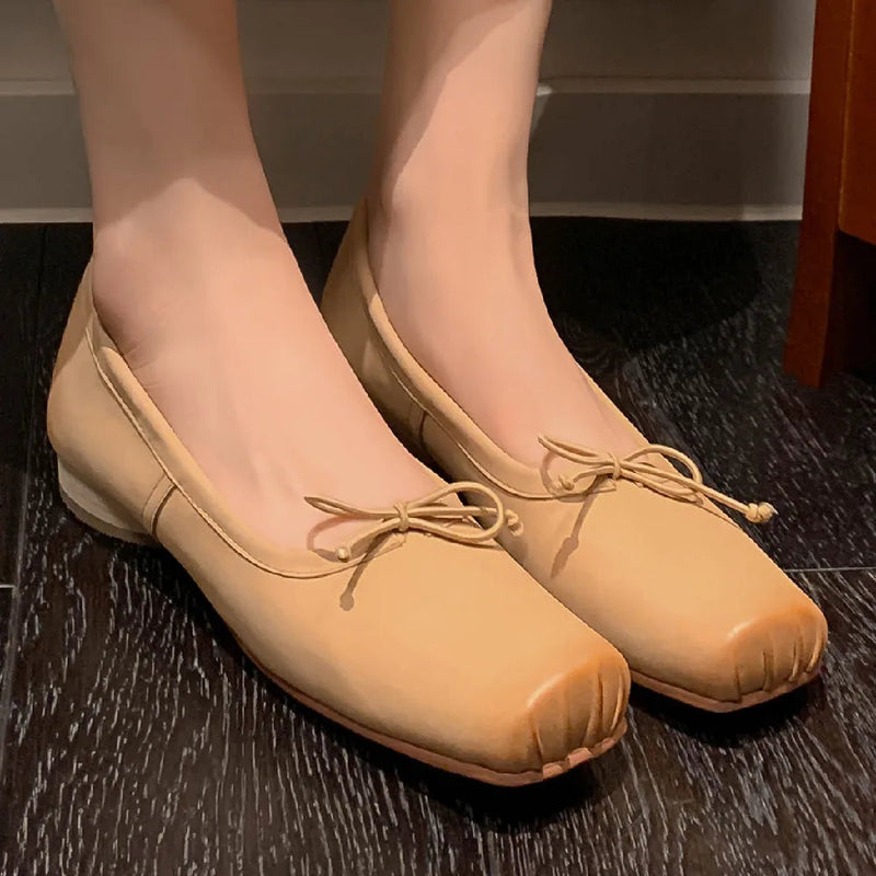 Cow Leather Square Toe Slipon Ballet Flats Sweet Bowtie Female Soft Comfortable Shoes for Hot