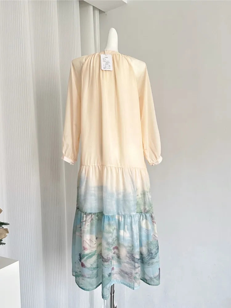 Autumn Oversize Printed Midi Dresses for Long Sleeves Oneck Loose Aline Dress Female New Vestidos Mujer