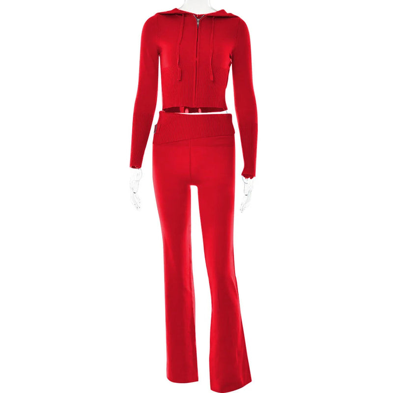 Knitted 2 Piece Sets Tracksuit Long Sleeve Zipper Hooded Sweater Crop Top Flare Pants Stretch Matching Suit Outfit