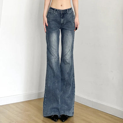Y2k Low Waisted Washed Flare Jeans Korean Blue Slim Fit Denim Pants Lady Boot Cut Trousers