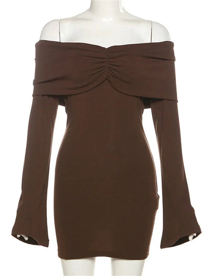 Pleated Slim Mini Dress Off-shoulder Long Sleeve Patchwork Party Dress Female Backless Drerss