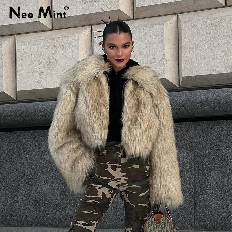Winter Fluffy Gradient Faux Fur Coat Thicken Warm Fox Fur Jacket Style Furry Fur Overcoat