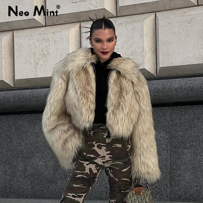 Winter Fluffy Gradient Faux Fur Coat Thicken Warm Fox Fur Jacket Style Furry Fur Overcoat
