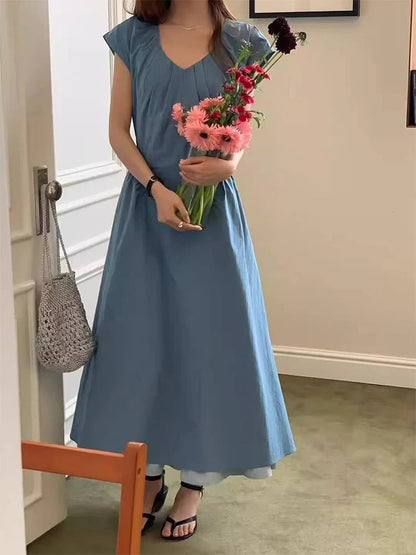 French Retro Patchwork Contrasting Short Sleeved Dress Summer New Design Slimming Waist Long Dresses