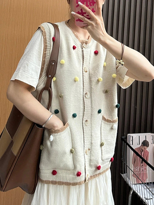 Autumn New Sweater Vest Chaleco Mujer Japanese Loose Cardigan Waistcoat Sweet Wave Point Knitwear Top