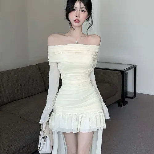 Mesh Mini Dresses Slash Neck Spring Summer Dress Korean Ruffles Vestidos Mujer