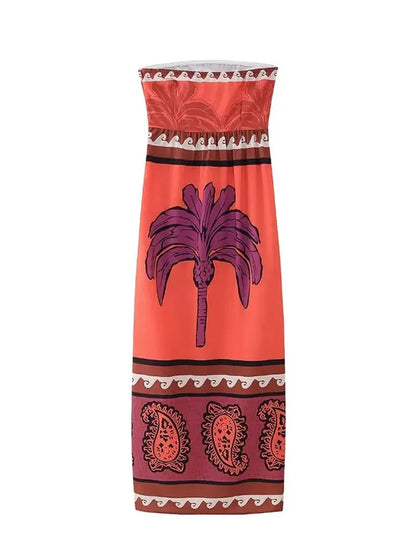 Summer Printed Tube Dress Strapless Slim Fit Midi Dresses Female Hem Slit Beach Dress