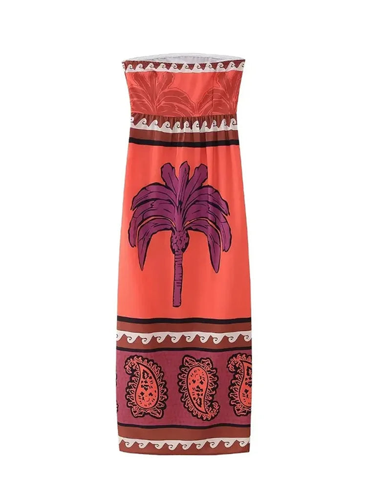 Summer Printed Tube Dress Strapless Slim Fit Midi Dresses Female Hem Slit Beach Dress