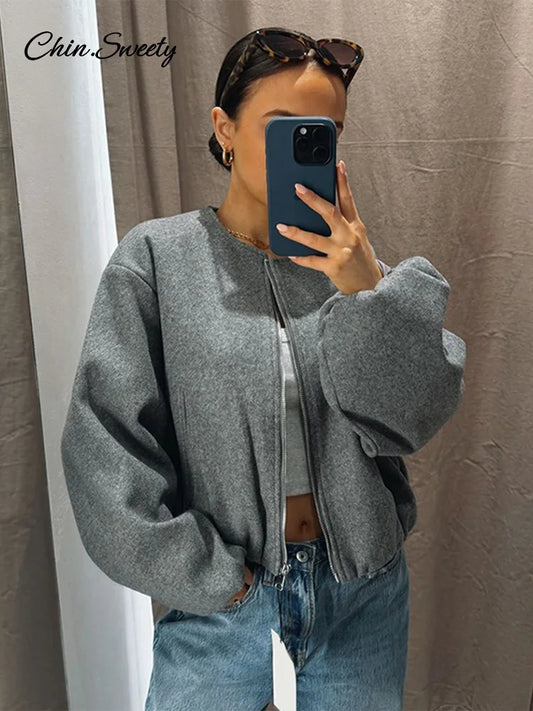 Retro Woolen ’s Bomber Jacket Long Lantern Sleeves Pockets O-neck Loose Female Coat Autumn High Street Outwears