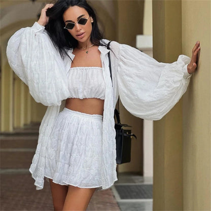 White 3 Piece Sets Summer Lantern Long Sleeve Cardigan Tops Shorts Suits Lady Spring Soft Three Piece Outfit