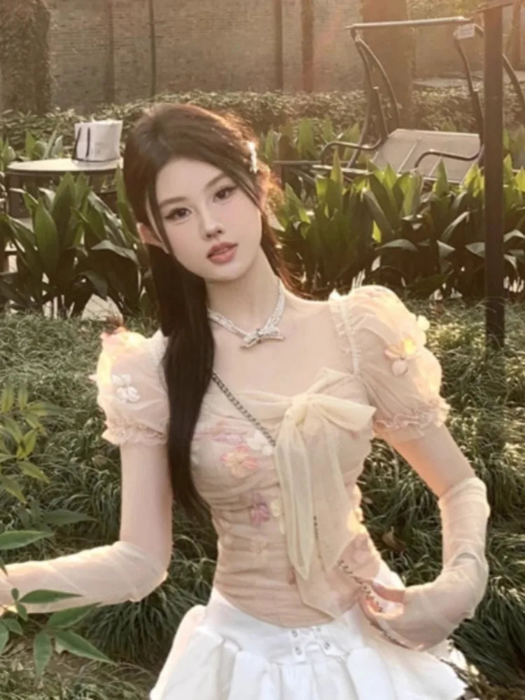 Shirts Flowers Lace Patchwork Bandage Suqare Collar Slim Short Sleeve Sweet Blouse Sweet Crop Tops