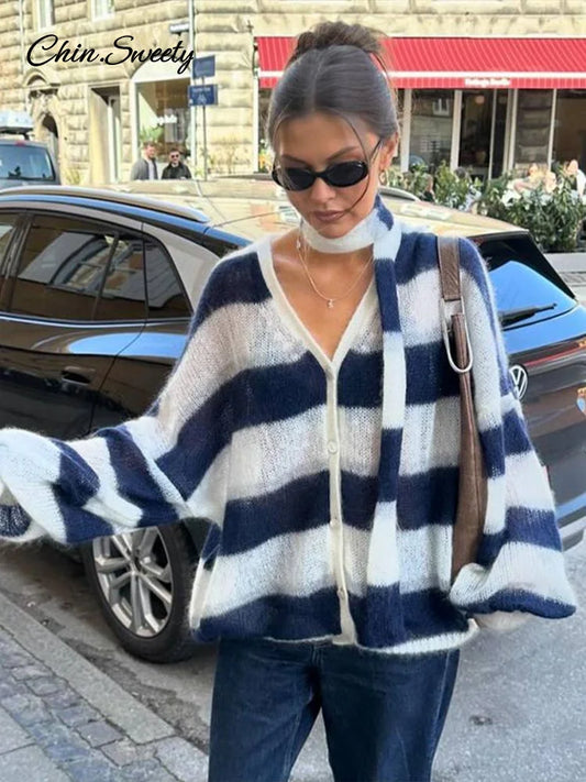 Loose Mohair Striped V-neck Cardigan With Scarf Lantern Sleeve Single Breasted Knitwear Lady New