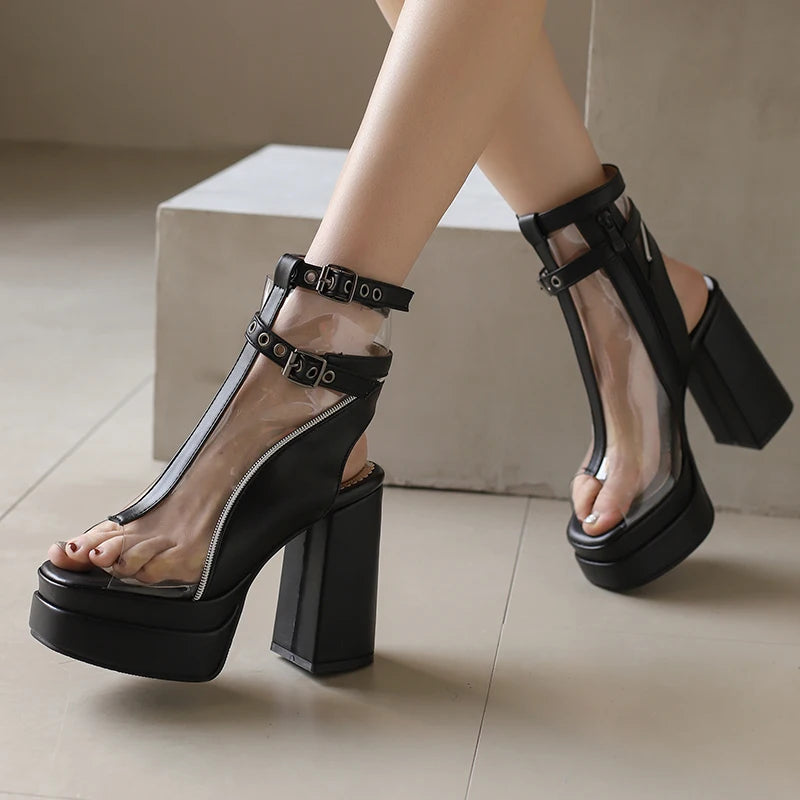 Brand Designer Thick Platform 12cm Super High Heels Ankle Boots Peep Toe Transparent Belt Buckle Slingback Shoes