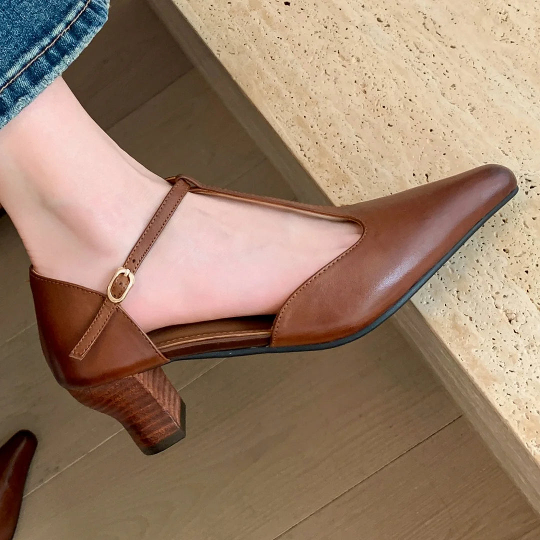 Cow Leather Kitten Heel Pointed Toe Tstrap Pumps Retro Gradient Color Evening Dress Sandals Shoes Woman