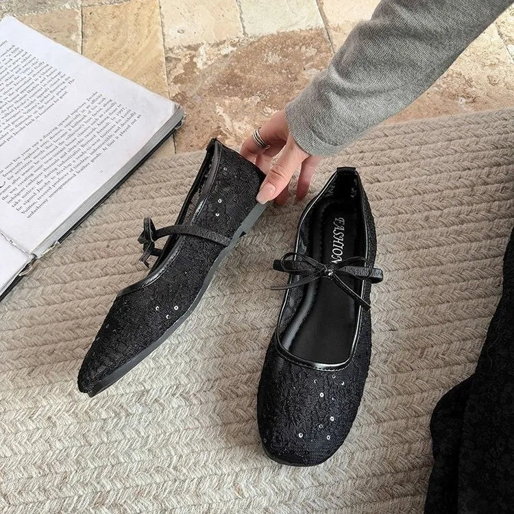New Spring New Flat Shoes for Square Head Shallow Mouth Mesh Fabric Embroidery Butterfly Knot Soft Sole Single Shoe