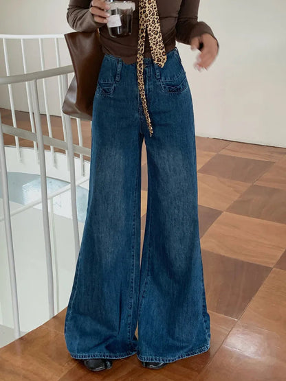 Blue Long Flare Jeans Woman Korean High Waisted Wide Denim Jeans Mujer Baggy Autumn Winter Loose Wash Jean Pants