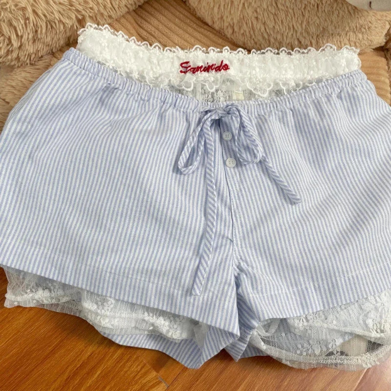 Summer New Letter Embroidery Seethrough White Lace Shorts + Laceup Striped Shorts Twopiece Suit