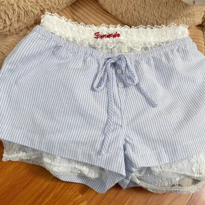 Summer New Letter Embroidery Seethrough White Lace Shorts + Laceup Striped Shorts Twopiece Suit