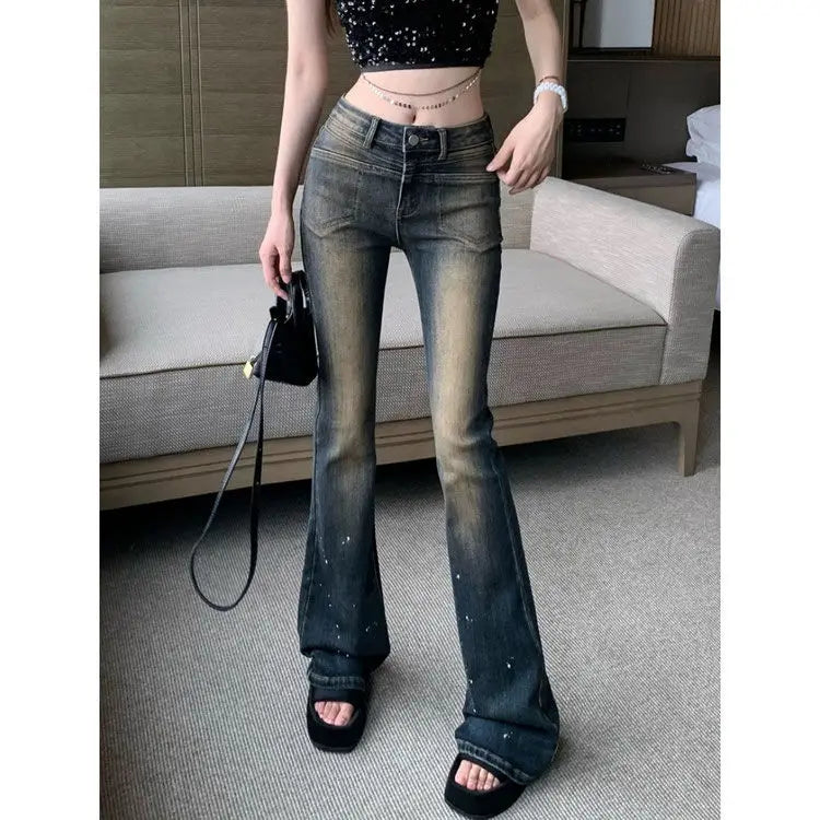 American Y2k Low Rise Jeans Laceup Design Splashed Ink Distressed Thin Versatile Popular Ripped Flared Pants