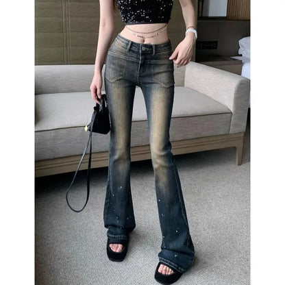 American Y2k Low Rise Jeans Laceup Design Splashed Ink Distressed Thin Versatile Popular Ripped Flared Pants