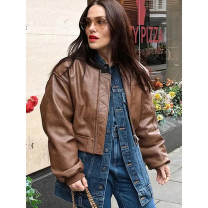 Round Imitation Leather Jacket Zipper Loose Female Jackets Autumn Stand Collar Lady Short Coat