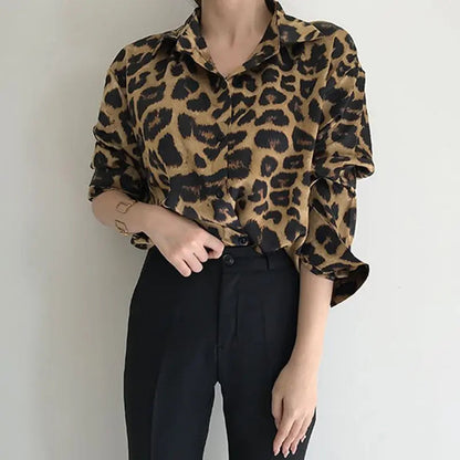 New Office Lady Shirts Leopard Shirts Allmatch Long Sleeve Blouses Turndown Clothing