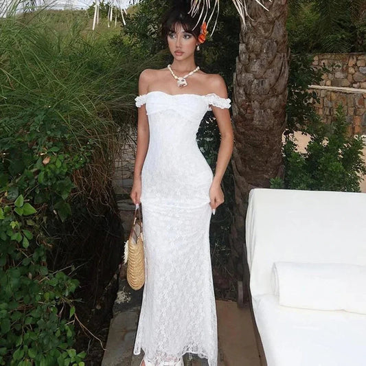 Floor-length Fishtail Dress White Lace Sleeveless Bodycon Maxi Dress Summer Clubwear