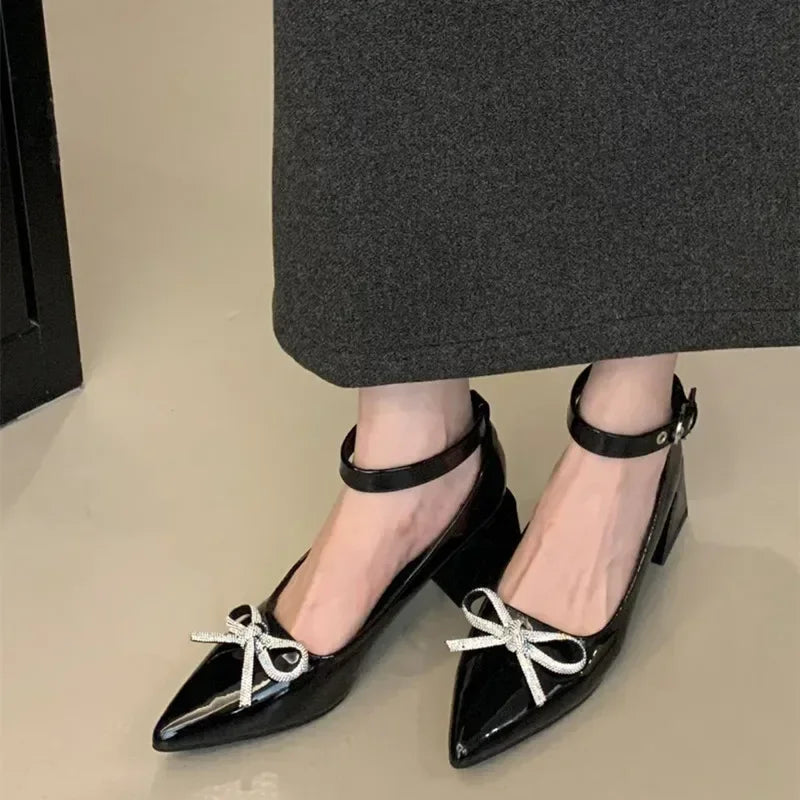 New Rhinestone Bow Decorated High Heels Black Slingback Buckle Design Covered Heel Pointed Toe Mary Jane Shoes