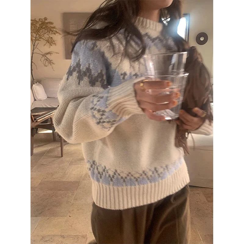 Print Sweater Japanese Harajuku Oversized Knitted Pullovers Winter Aesthetic Long Sleeve Jumpers Korean Knitwear