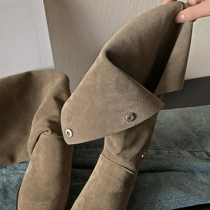 3442 Natural Suede Leather Metal Buckle Slipon Flats Autmn Knee High Boots Fold Boots Shoes
