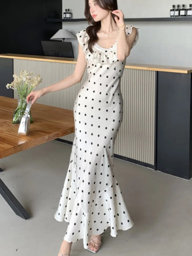 Bodycon Dot Midi Dresses for Ruffles V-neck Sleeveless Slim Mermaid Evening Party Dress Prom Robe Vestidos Mujer