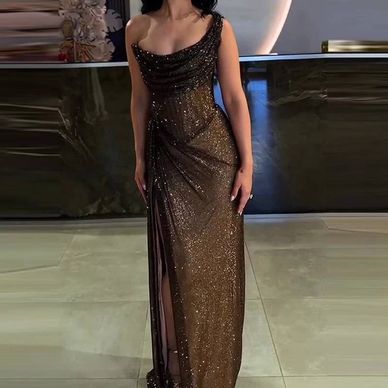 Sequin Asymmetric Off Shoulder Maxi Dress