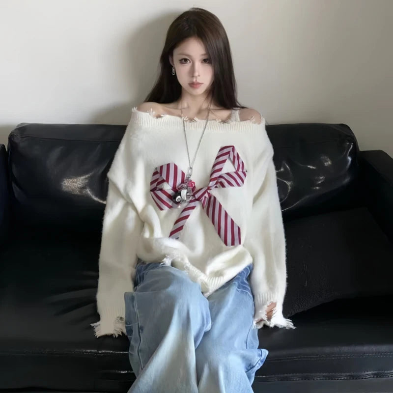 Slash Neck Sweater Harajuku Oversized Bow Knitted Pullovers Korean Off Shoulder Knitwear Aesthetic Long Sleeve Jumpers New