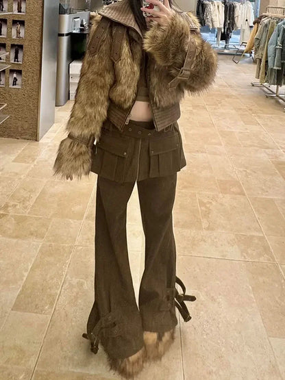American Retro Oversized Detachable Pants Clothing Autumn and Winter New Spicy Girl Fake Two Piece Spliced Flare Pants